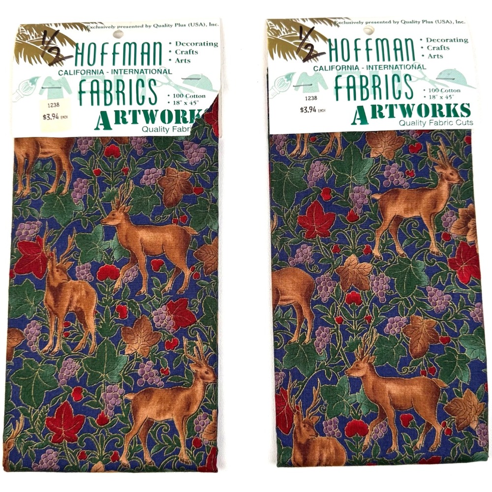 NOS Vtg Deer Leaves Forest Fawn Grapes Fabric Hoffman California 2 pc 18" x 45"